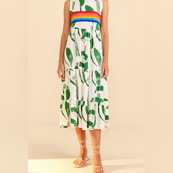 FARM Rio Dresses & Skirts - FARM Rio White Maxi Dress with Green Print and Rainbow Bodice